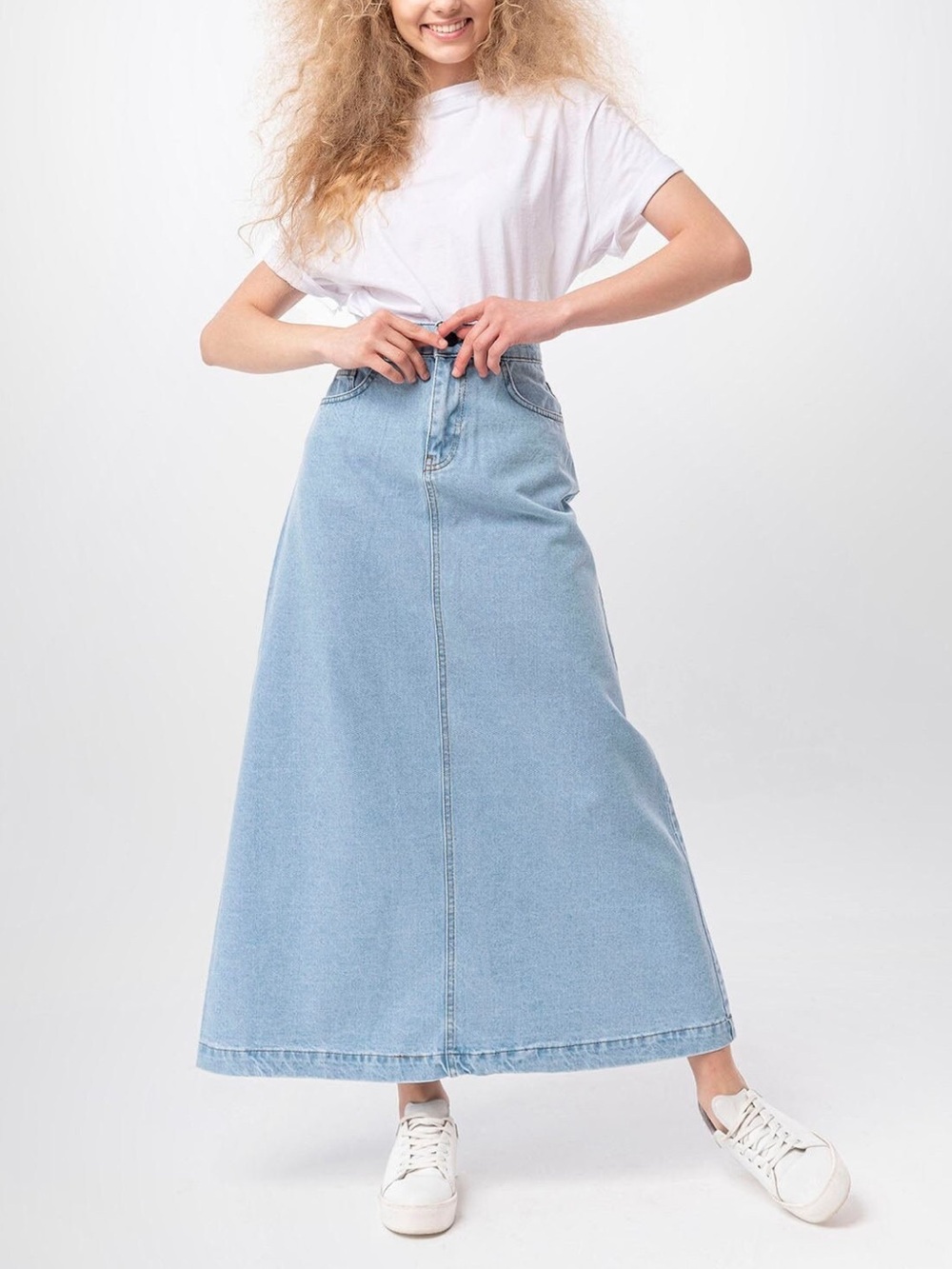 Campine Ice Blue Denim A-Line Maxi Skirt Full Length with Pockets US 6